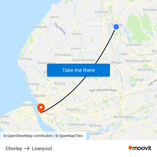 Chorley to Liverpool map