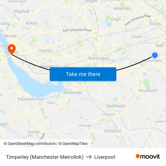 Timperley (Manchester Metrolink) to Liverpool map