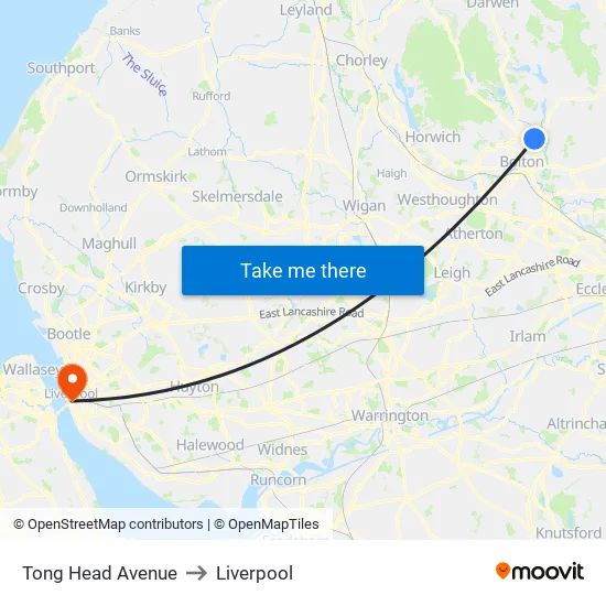 Tong Head Avenue to Liverpool map