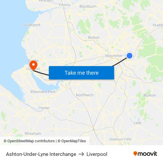 Ashton-Under-Lyne Interchange to Liverpool map