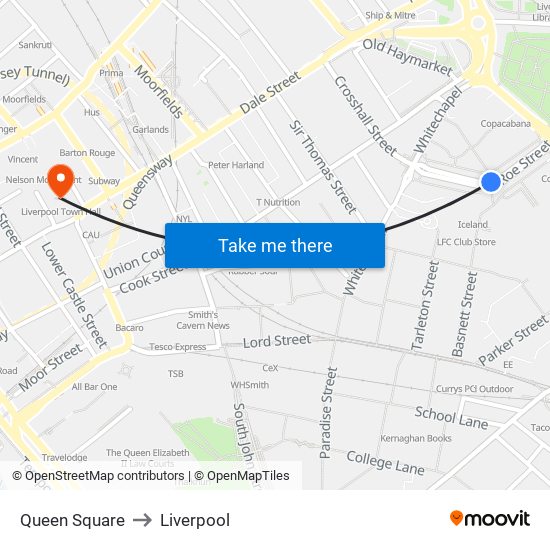 Queen Square to Liverpool map