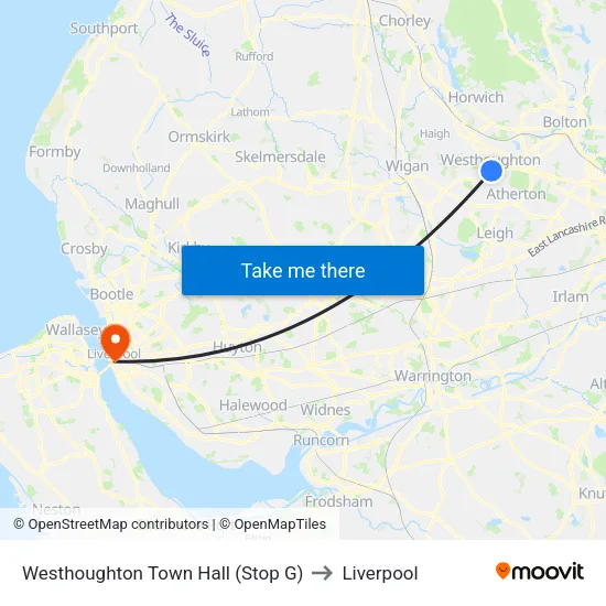 Westhoughton Town Hall to Liverpool map