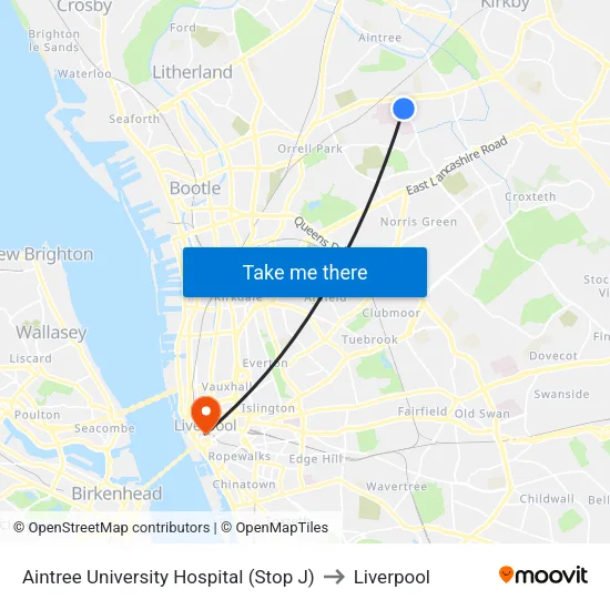 Aintree University Hospital to Liverpool map