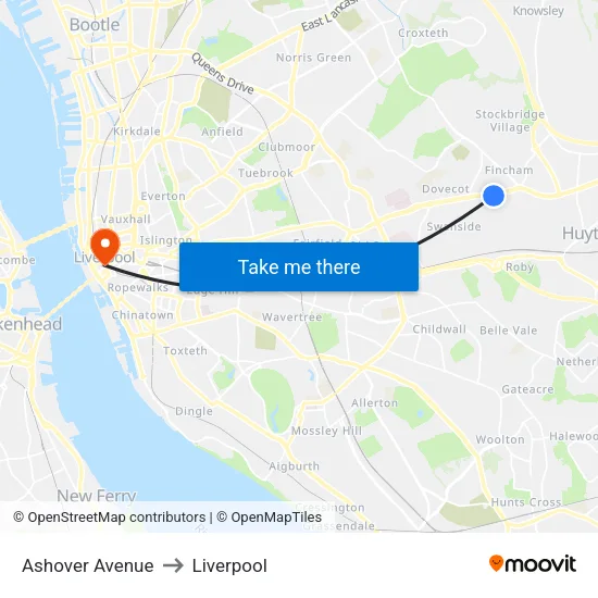 Ashover Avenue to Liverpool map