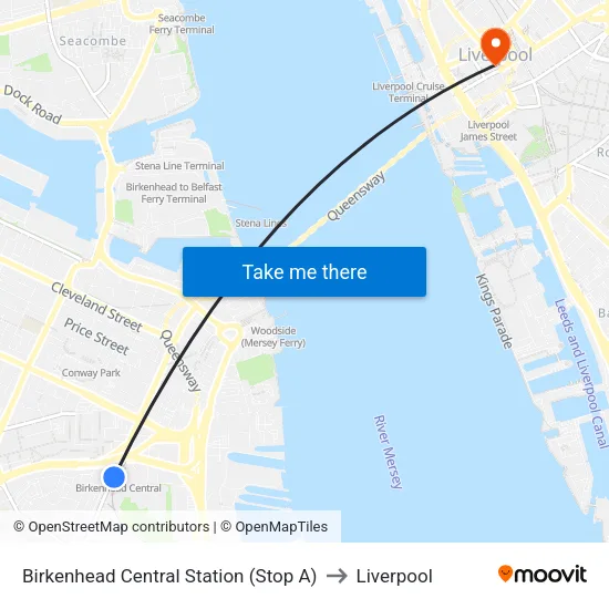 Birkenhead Central Station to Liverpool map
