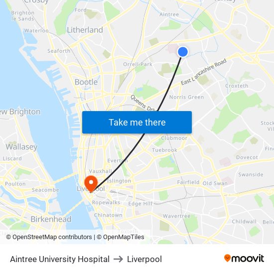 Aintree University Hospital to Liverpool map