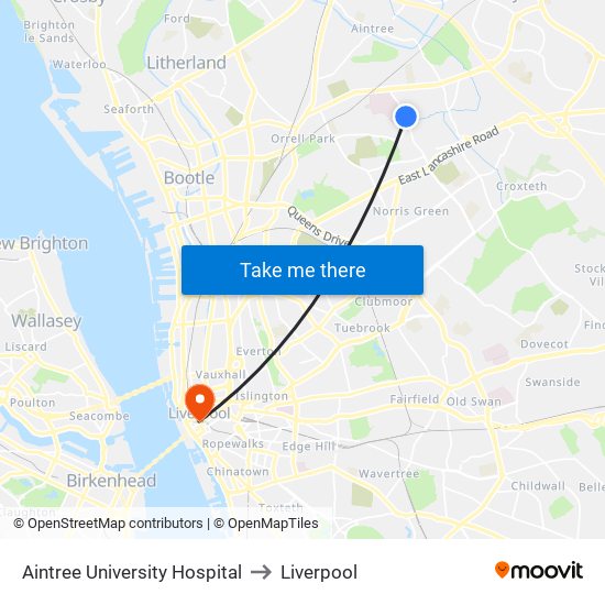 Aintree University Hospital to Liverpool map