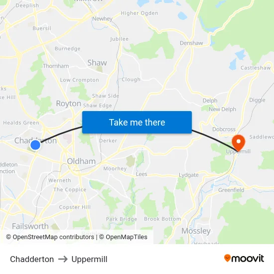 Chadderton to Uppermill map