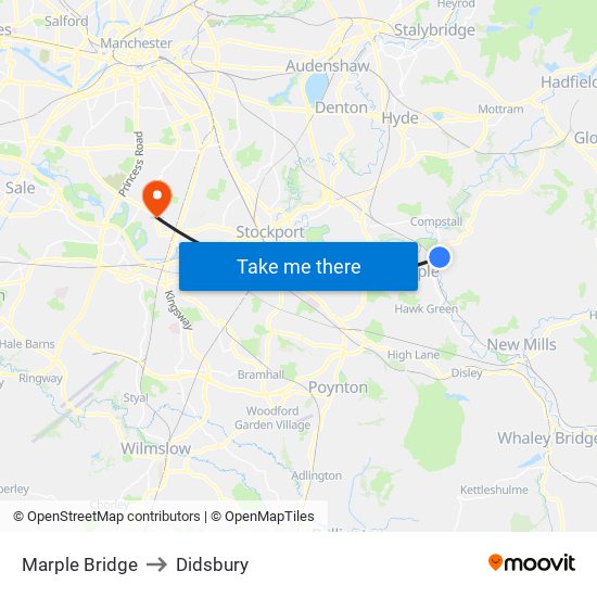 Marple Bridge to Didsbury map
