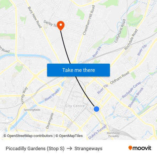 Piccadilly Gardens (Stop S) to Strangeways map