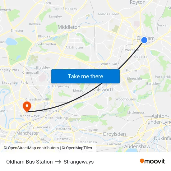 Oldham Bus Station to Strangeways map