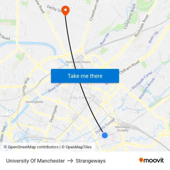 University Of Manchester to Strangeways map