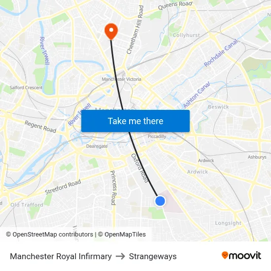 Manchester Royal Infirmary to Strangeways map