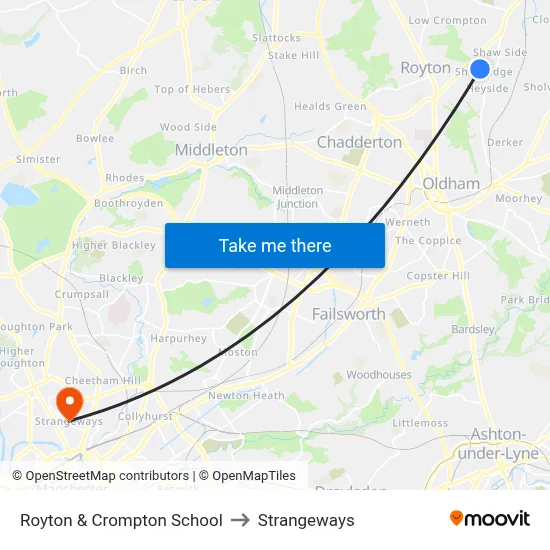 Royton & Crompton School to Strangeways map