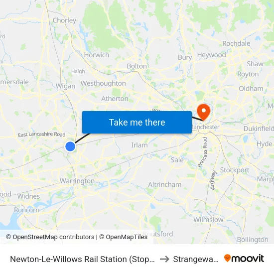 Newton-Le-Willows Rail Station to Strangeways map