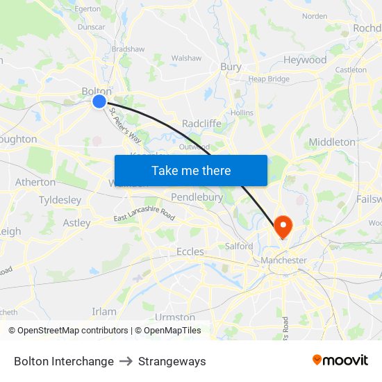 Bolton Interchange to Strangeways map