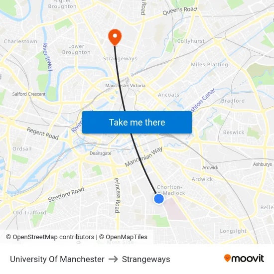 University Of Manchester to Strangeways map