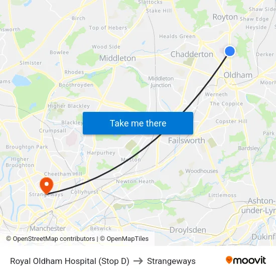 Royal Oldham Hospital to Strangeways map