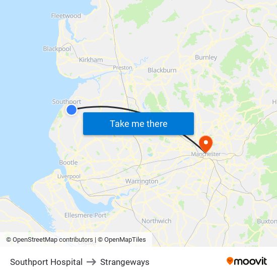 Southport Hospital to Strangeways map