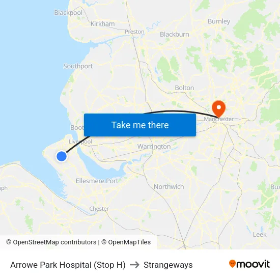 Arrowe Park Hospital to Strangeways map