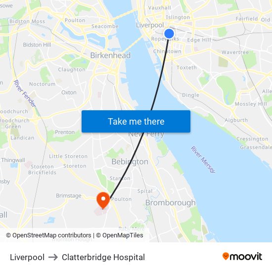 Liverpool to Clatterbridge Hospital map