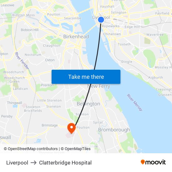 Liverpool to Clatterbridge Hospital map