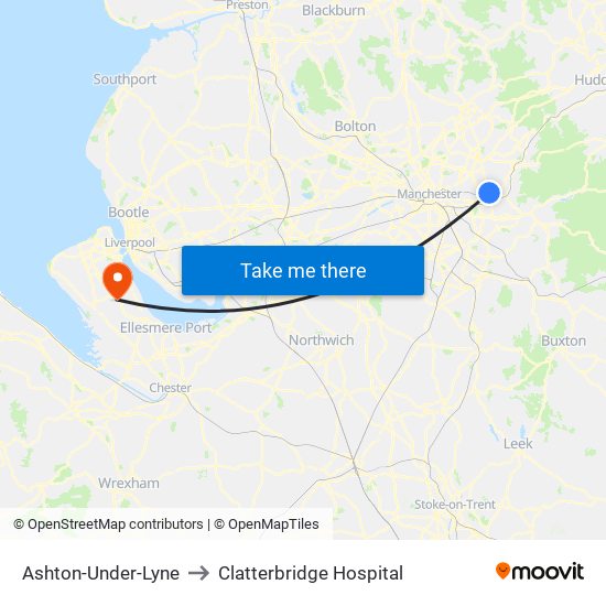 Ashton-Under-Lyne to Clatterbridge Hospital map