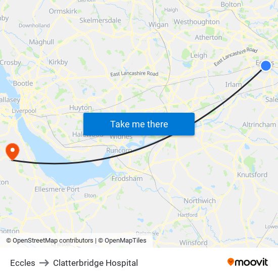 Eccles to Clatterbridge Hospital map