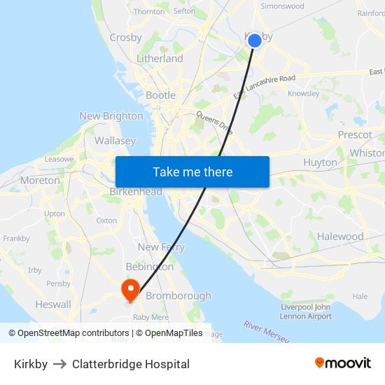 Kirkby to Clatterbridge Hospital map