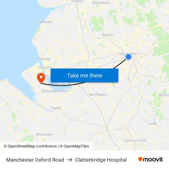 Manchester Oxford Road to Clatterbridge Hospital map