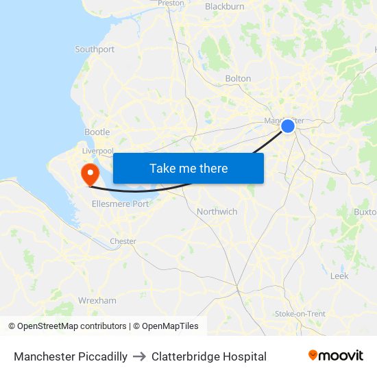 Manchester Piccadilly to Clatterbridge Hospital map