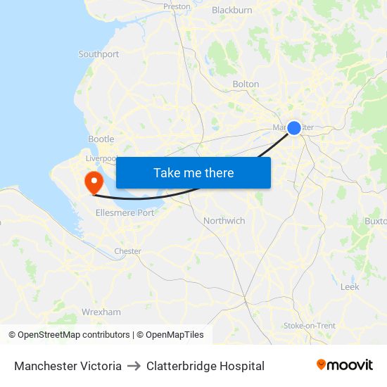Manchester Victoria to Clatterbridge Hospital map