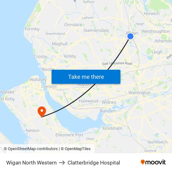 Wigan North Western to Clatterbridge Hospital map