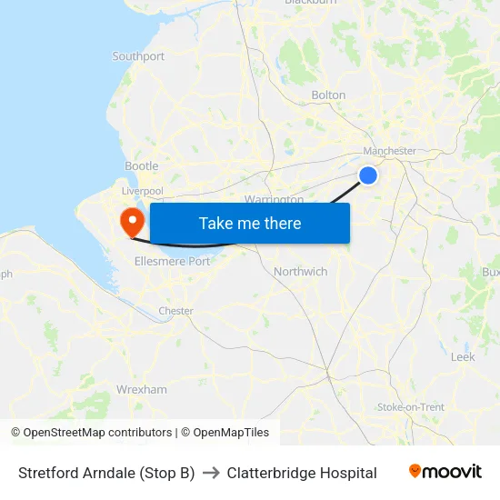 Stretford Mall to Clatterbridge Hospital map