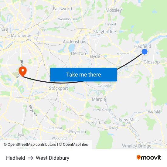 Hadfield to West Didsbury map