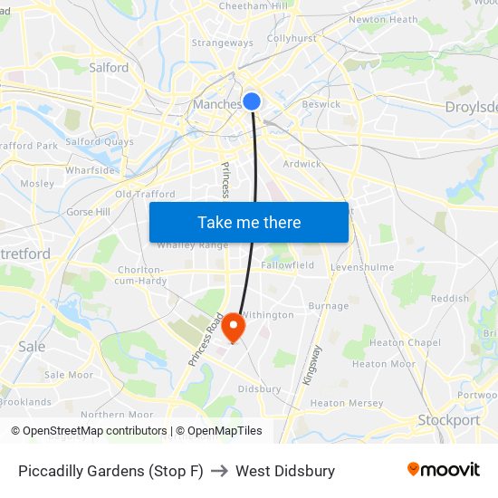 Piccadilly Gardens (Stop F) to West Didsbury map