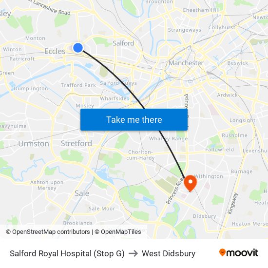 Salford Royal Hospital (Stop G) to West Didsbury map