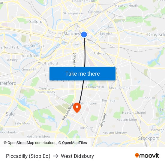 Piccadilly (Stop Eo) to West Didsbury map