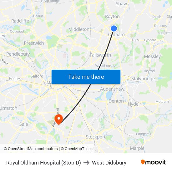 Royal Oldham Hospital (Stop D) to West Didsbury map