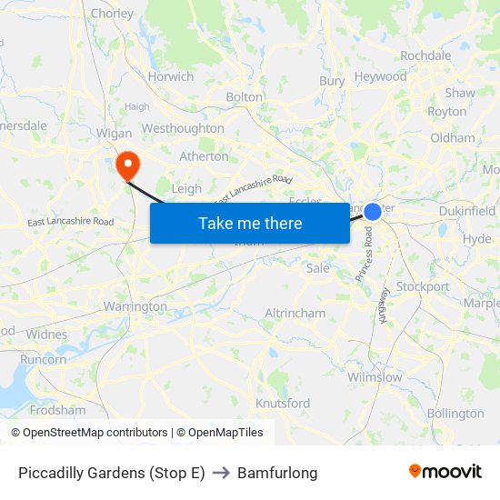 Piccadilly Gardens (Stop E) to Bamfurlong map