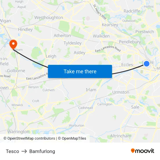 Tesco to Bamfurlong map