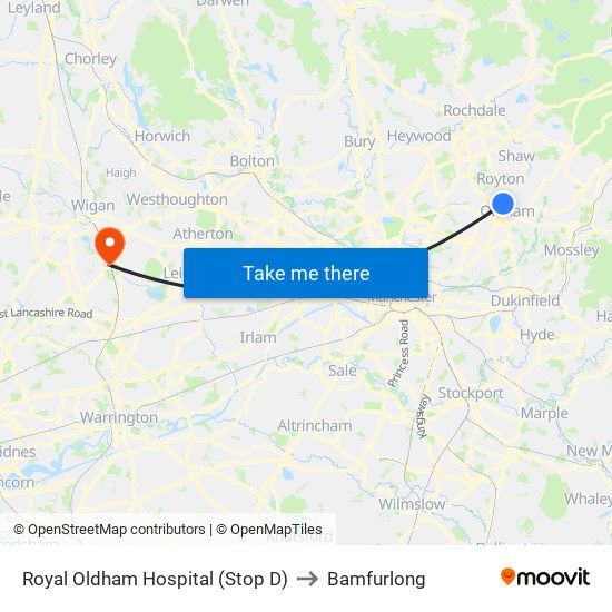 Royal Oldham Hospital (Stop D) to Bamfurlong map