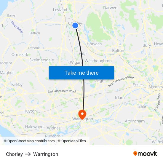 Chorley to Warrington map