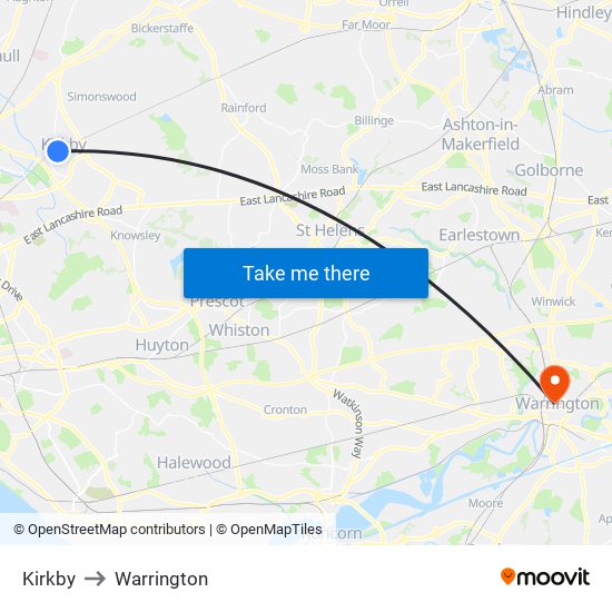 Kirkby to Warrington map