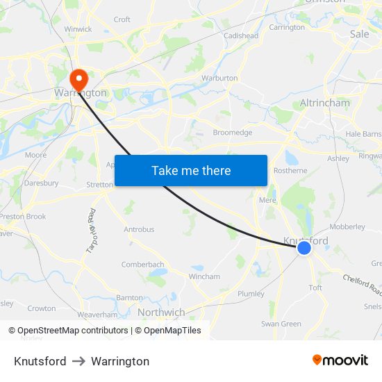 Knutsford to Warrington map