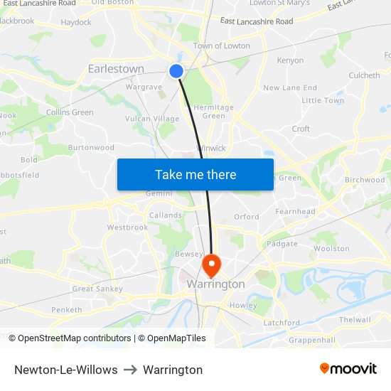 Newton-Le-Willows to Warrington map