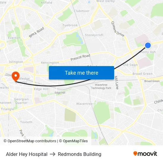Alder Hey Hospital to Redmonds Building map
