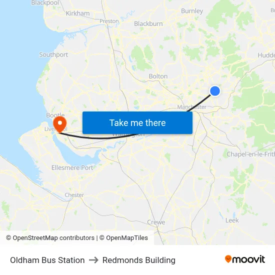 Oldham Bus Station to Redmonds Building map