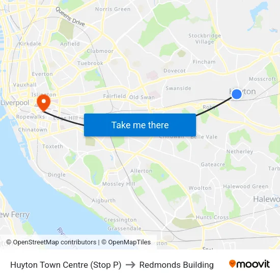 Huyton Town Centre to Redmonds Building map