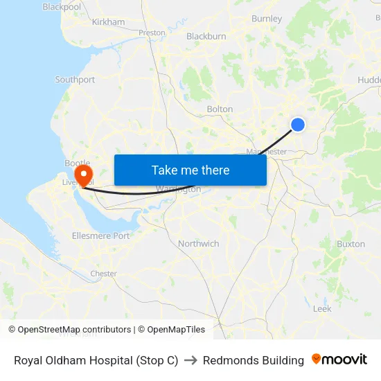 Royal Oldham Hospital to Redmonds Building map